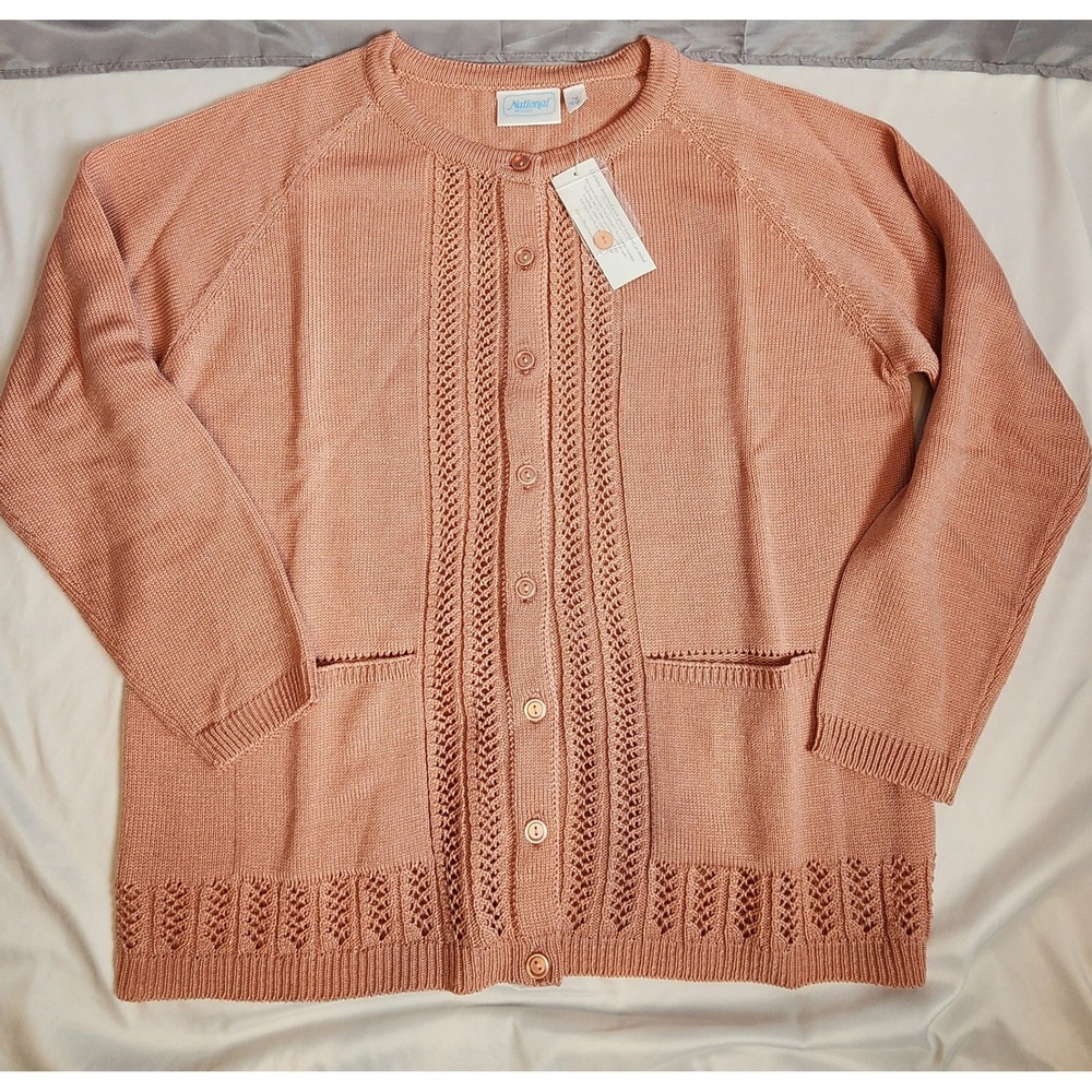 National Coral Pink Pointelle Button Front Cardigan Sweater Pockets 1X  NEW
